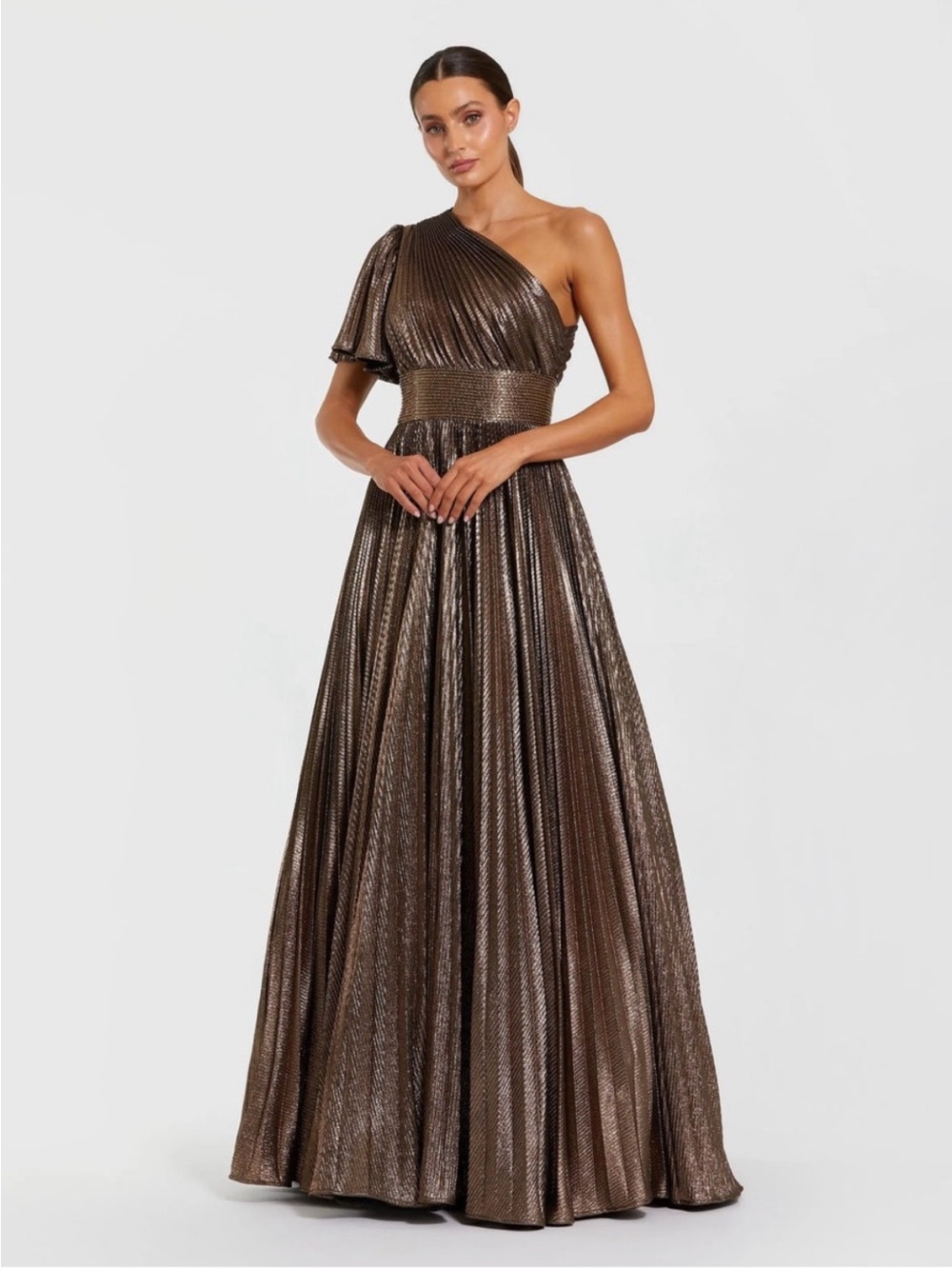 Mac Duggal 27625 Bronze Brown One Shoulder Pleated Metallic Ball Gown sz 6